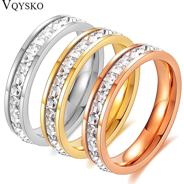 VQYSKO Square Zircon Stainless Steel Ring White Zircon Engagement Party Accessories Geometric Couple Custom Ring
