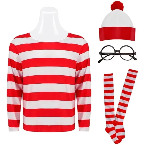 Wheres Waldo Gestreiftes Hemd Jugend Jungen Wally Kostüm Hemd Brille und Hut Socken Unisex Erwachsene Karneval Cosplay Kostüm