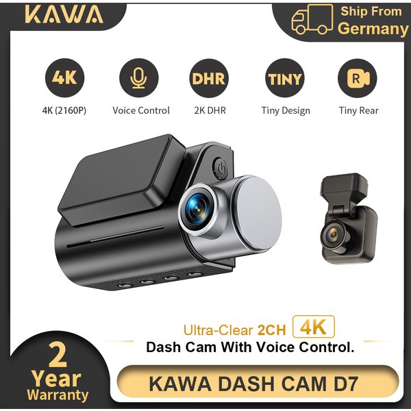 KAWA Dashcam D7 4K Sprachsteuerung Vorder- und Rückkamera Sprachsteuerung Nachtsicht 24-Stunden-Parküberwachung Endlosaufnahme WiFi6 Eingebautes GPS G-Sensor Auto-DVR 2K DHR