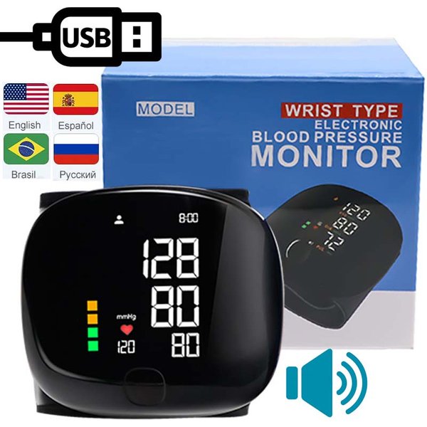 Neues LED-Handgelenk-Blutdruckmessgerät, wiederaufladbar, englische Sprachübertragung, Blutdruckmessgerät, Tonometer, BP-Monitor