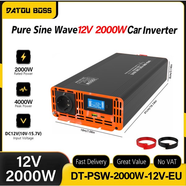 DATOUBOSS 2000W Reiner Sinus-Wechselrichter DC 12V zu AC 220V 4000W Spitzenleistung Auto-Solar-Konverter EU-Steckdose EU-Lieferung 50/60Hz Tragbares USB-Ladegerät LCD-Display Spannung