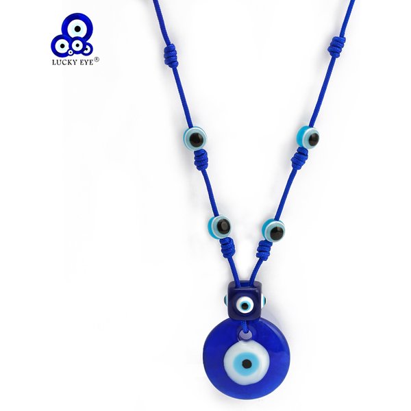 Lucky Eye Glass Blue Turkish Evil Eye Bead Necklace Rope Chain Water Drop Round Pendant Necklace for Women Girls Jewelry NB206
