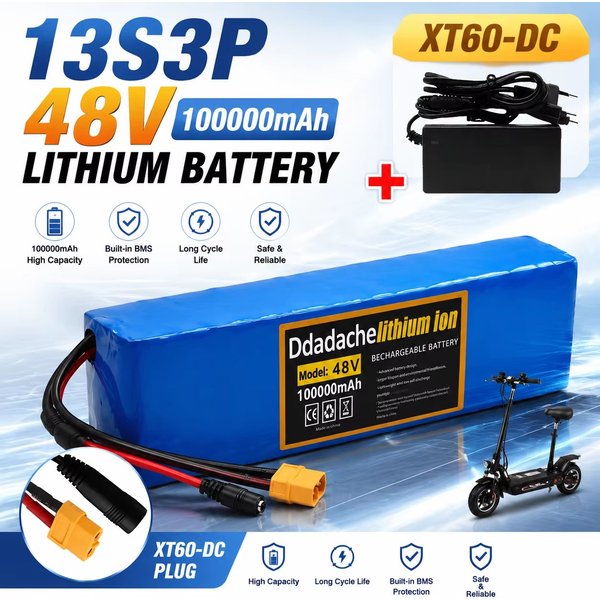 13S3P 48V 100Ah Li-Ionen-Akku, 2000W E-Bike-Akku mit integriertem BMS, 54,6V Vollspannungs-Ersatzakku für Elektroroller, inklusive 54,6V-Ladegerät, Backup-Stromversorgungsbatterie