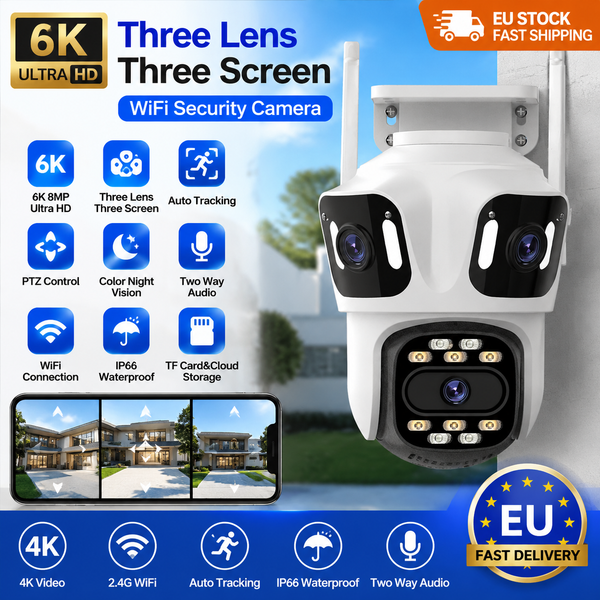 Caméra IP extérieure PTZ à trois objectifs : 6K HD, CCTV à double objectif 4K avec trois écrans, WiFi + surveillance de sécurité avec suivi automatique