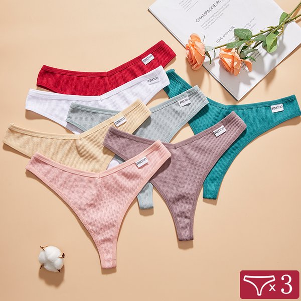 FINETOO 3 Teile/satz Sexy Waffel Plaid Baumwolle Höschen Frauen Einfarbig Niedrigen Taille G-String Unterwäsche Weibliche Weiche Thongs Dessous