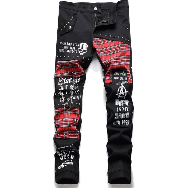 Men's Scotland Red Plaid Tartan Patchwork Jeans Punk Rivet Patch Black Denim Pants Skull Letters Printed Slim Straight Trousers