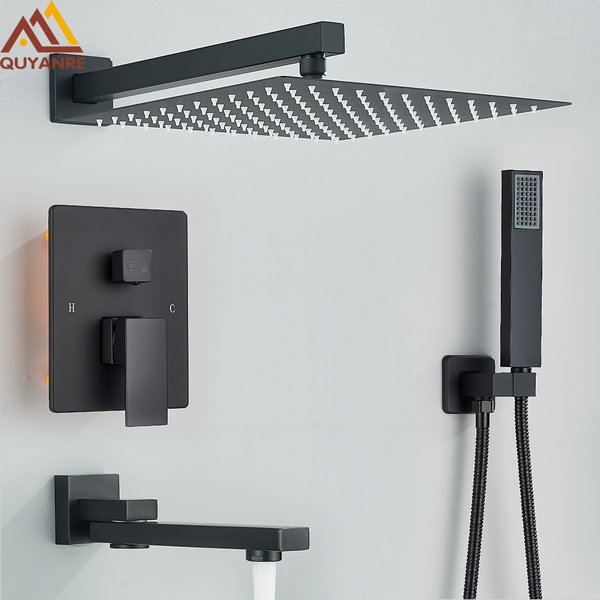 Système de douche encastré noir avec fonction pluie et cascade, ensemble de robinetterie de salle de bain intégré avec bec de baignoire