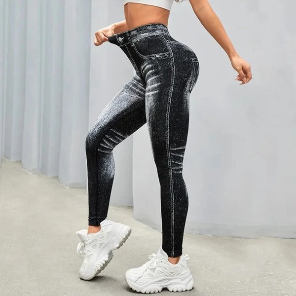 Damen Gym Bedruckte Yoga-Leggings Nahtlose Hochtaillierte Denim-ähnliche Perforierte Hosen mit Fake-Taschen Yoga Fitness Leggings