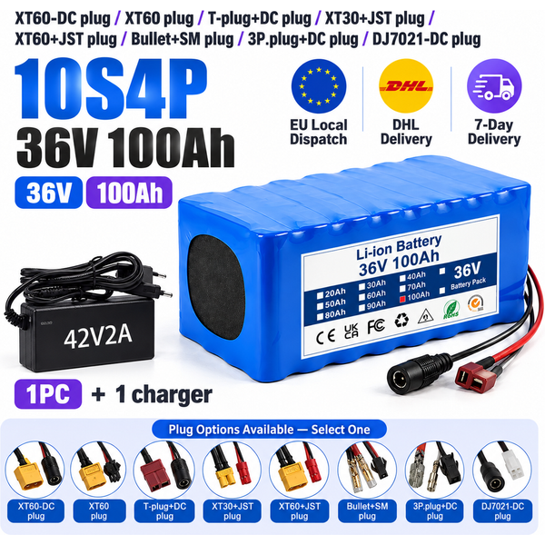 100Ah 36V Wiederaufladbarer Akku, 10S4P Konfiguration, GB-BP-36V-100Ah-10S4P, XT60-DC-Stecker, XT60-Stecker, T-Stecker+DC-Stecker, XT30+JST-Stecker-Optionen