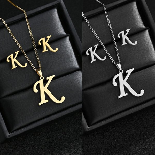 Collier avec initiales de l'alphabet en acier inoxydable, 26 lettres anglaises, boucles d'oreilles, ensemble pour femmes, bijoux personnalisés, cadeau