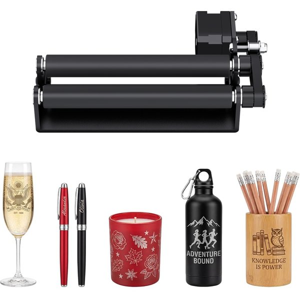 Accessoire de gravure laser AlgoLaser Rotary Roller 2.0, axe Y rotatif, 5-100 mm, 2 espaces réglables, pré-assemblé pour objets cylindriques.