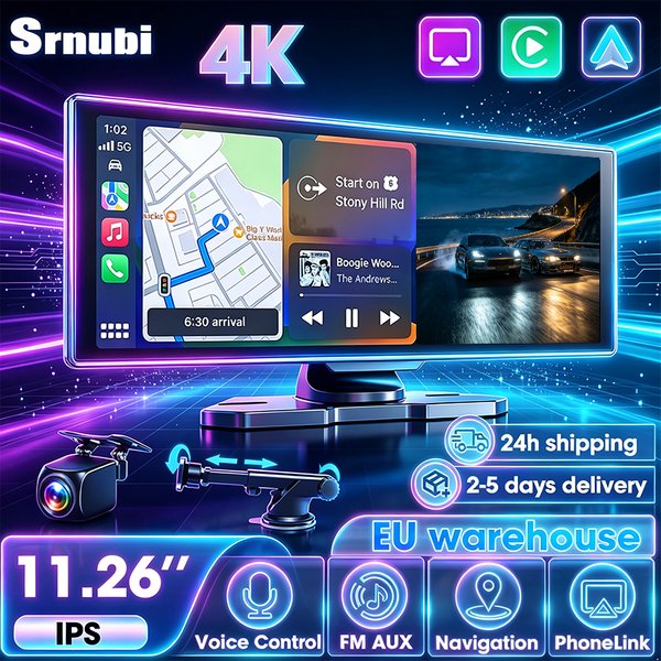 Srnubi 10.26/11.26" Caméra de voiture Carplay Android Auto DVR 4K, Caméra de tableau de bord Android Auto, Enregistreur vidéo de conduite, Navigation GPS, Tableau de bord