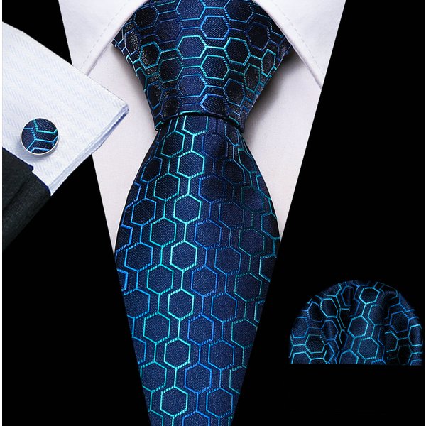 Nouveaux cravates à motifs géométriques pour hommes, cravate en jacquard bleu tissé, pochette et boutons de manchette assortis, pour occasions formelles et fêtes, Barry.Wang