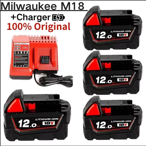 Für Milwaukee M18 Akku 12,0Ah Hochleistungs-18V wiederaufladbarer Li-Ionen-Akku, kompatibel mit M18B5 XC 48-11-2402 48-11-2411 2604-22 kabellosen Elektrowerkzeugen.