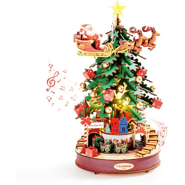 Robotime Rolife Boîtes à musique arbre mélodique de Noël Puzzle en bois 3D avec lumière Cadeaux parfaits pour la famille Jouets faciles à assembler
