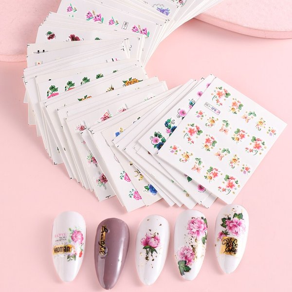 55 stücke Blumen Spitze Wasser Nagel Aufkleber Set Glitzer Charms Blumen Nail Art Transfer Aufkleber Slider Tattoo für Maniküre Dekorationen
