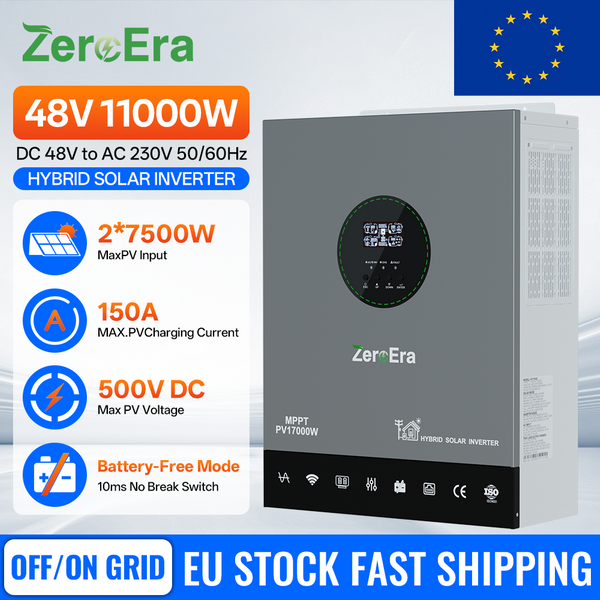 ZeroEra Hybrid-Solarwechselrichter 11000W 48V DC zu AC 230V 50Hz Reiner Sinuswechselrichter mit 150A Dual-MPPT-Regler, batterieloser Betrieb, netzunabhängig/netzgekoppelt, WIFI-App-Überwachung für