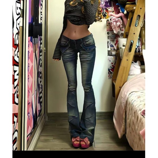 Amerikanische Vintage Low-Waist Flare Jeans Lange Länge Gewaschen Damen Casual Y2k Retro Bootcut Denim Hose Bodycon Herbst Winter 2026