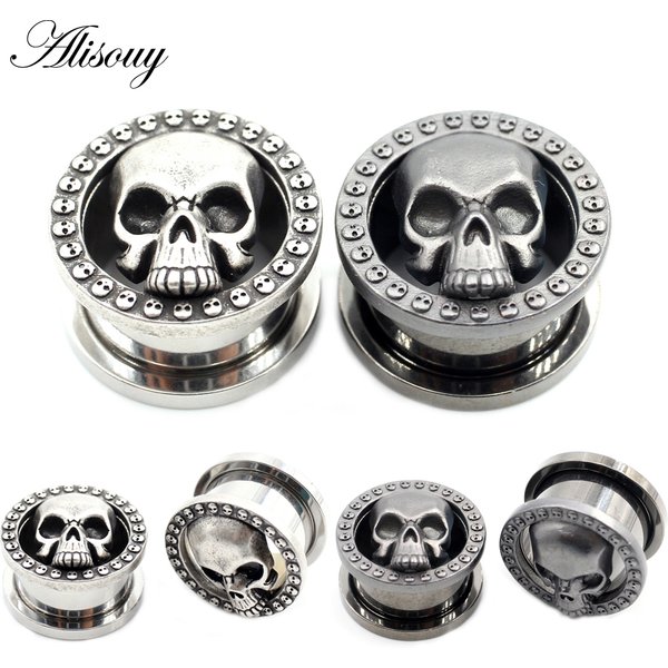 Alisouy 2 pièces 8-25mm acier inoxydable crâne vis ronde jauges d'oreille Tunnels bouchons extenseur civière boucles d'oreilles Piercing bijoux de corps
