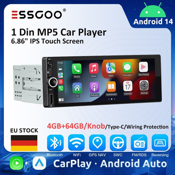 ESSGOO 6,86 Zoll 1Din Carplay Android Auto Android 14 Autoradio Multimedia Video 4 GB MP5 Player 1 Din IPS mit Bluetooth Stereo
