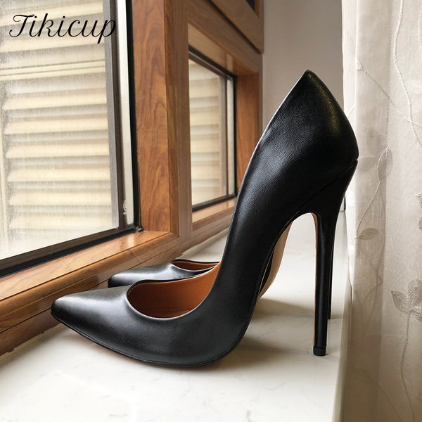 Tikicup Plus Size 40-48 Black Matte Unisex Pointy Toe Stiletto Pumps Sexy Crossdress Slip On 15cm High Heel Shoes for Wide Foot