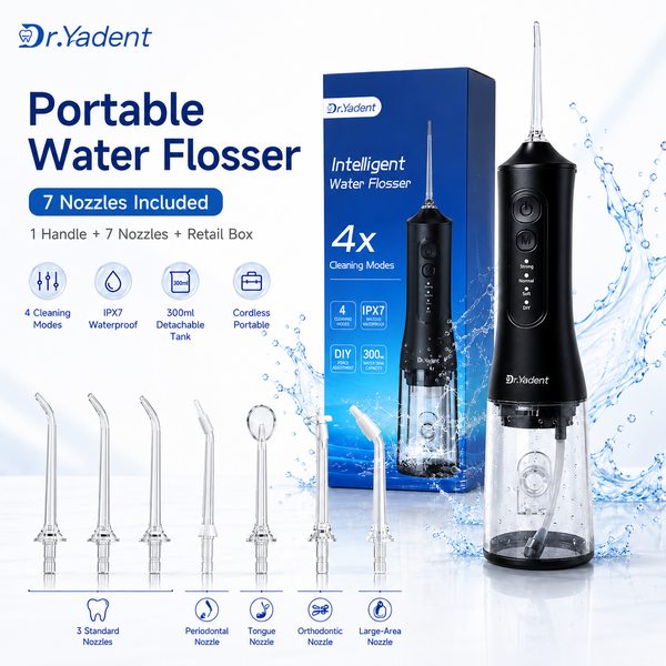 Irygator doustny bezprzewodowy Dr.Yadent YD06 WaterFlosser 300ML, przenośny, szybkie ładowanie USB-C, 7 dysz, 4 tryby, wodoodporność IPX7