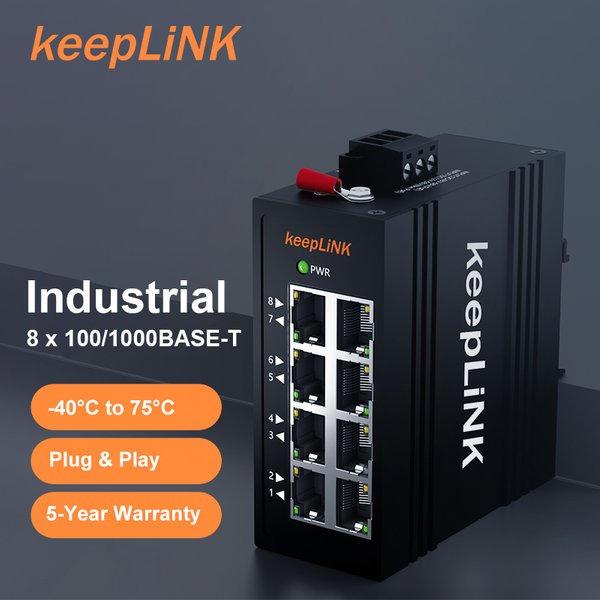Commutateur Ethernet Gigabit KeepLiNK industriel 8 ports 10/100/1000M non géré, Plug and Play, 10/100/1000BASE-T, boîtier en aluminium, IP40