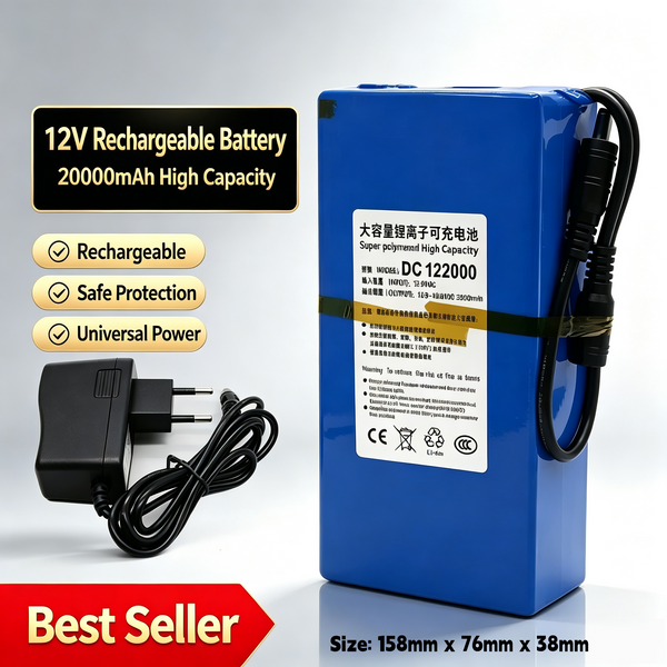 Neue 12V 20000mAh Lithium-Ionen DC 12V Superladebatterie + AC-Ladegerät + explosionsgeschützter Schalter EU-Stecker, geeignet für LED, Display, Notbeleuchtung, verschiedene Stromversorgungsgeräte.