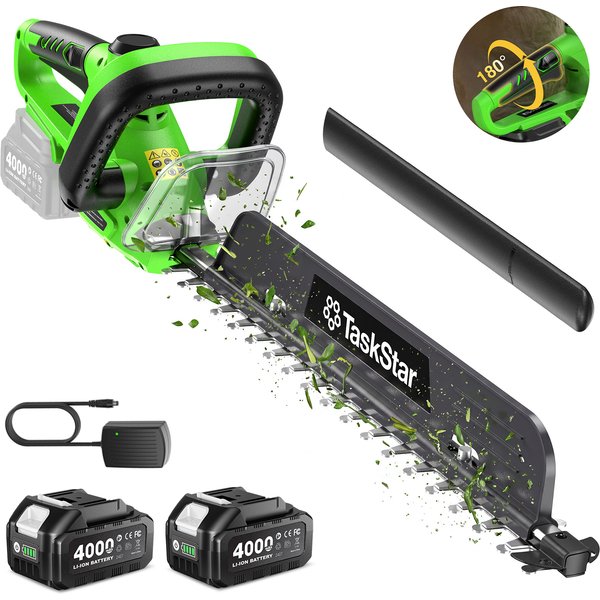 TaskStar 20V Elektrischer Heckenschneider mit 180 ° Drehbarer Griff & Schmutzfangvorrichtung, 22" Akku-Heckenschere mit 550mm Dual-Action SK5-Klinge & 2 4000mAh Akkus