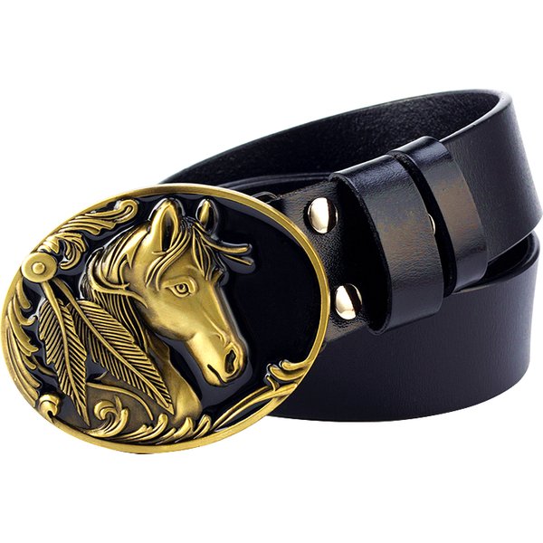 Ceinture à boucle tête de cheval doré, en cuir de vache, à la mode, Style Cowboy occidental, cadeau pour hommes et femmes