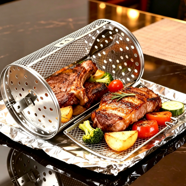 Drehbarer Rotisserie-Korb 360-Grad-Drehfunktion für Heißluftfritteuse & Ofen, Edelstahl, Bewegliche Tür für Hobbybäcker & Grill-Enthusiasten