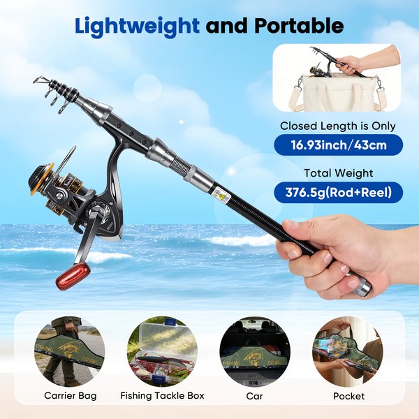 Teleskop-Angelrute 1,8 m und Spinnrolle Kombi-Set, tragbares Angelruten-Kit mit Angelschnur, Angelköder-Set & Zubehör und Tragetasche für Reisen, Surfen, Salzwasser und Süßwasser