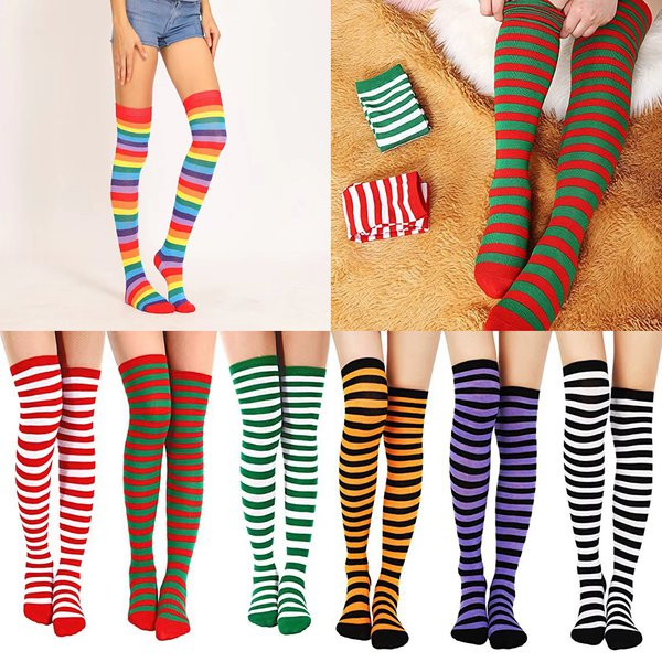 Bas de Noël sexy pour femmes, chaussettes rayées colorées, sur le genou, masplay, fête d'Halloween, Noël, anniversaire