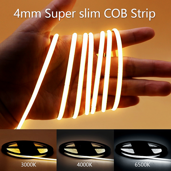 Bande lumineuse LED COB Super fine, 4MM, 480 diodes/m, flexible, 12V 24V, blanc chaud froid pour un éclairage décoratif, 2700K 3000K 4000K 6500K