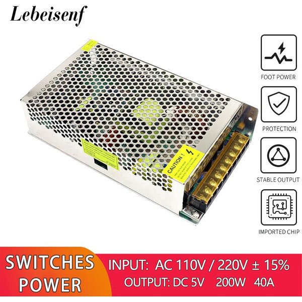 Convertisseur 110/220V AC vers DC 5V 40A 200W, alimentation à découpage, transformateur d'éclairage LED, adaptateur de commande DC5V AC/DC, SMPS intégré