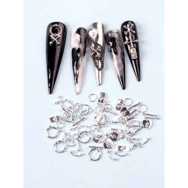 50PCS Mixed 3D Punk Silber Metall Teile Maniküre Zubehör Nagel Dekoration Legierung Retro Kreis Nägel Kunst Charms