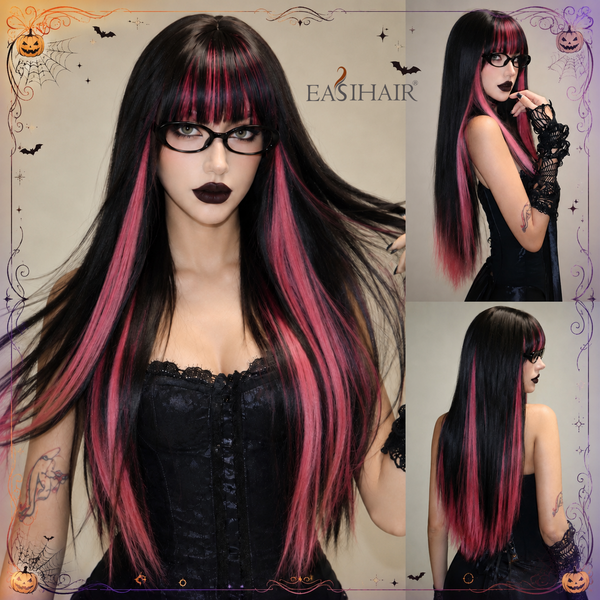 Easihair Schwarze Perücke mit roten, pinken Highlights, lange, gerade Perücke mit Pony, hitzebeständiges Kunsthaar, Gothic-Halloween-Cosplay-Perücken