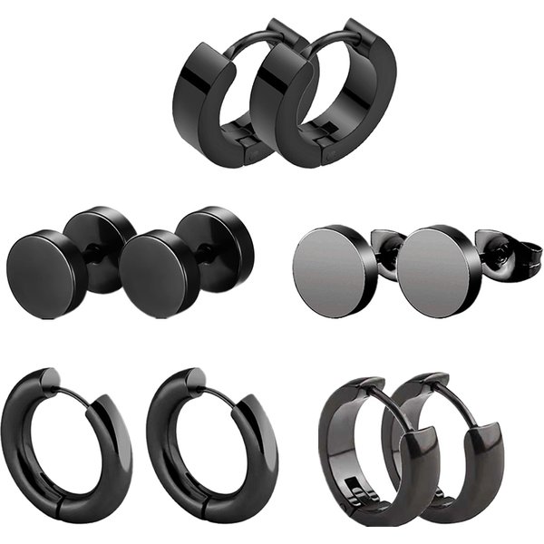 5 Pair Black Earrings Stainless Steel Ear Hoops for Men and Women