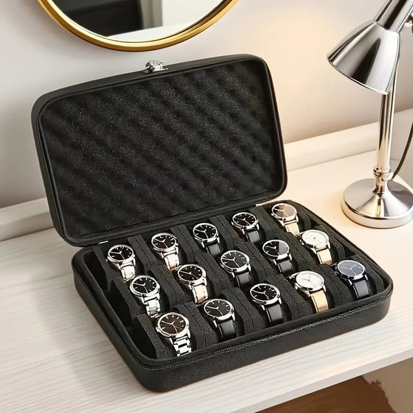Boîte de rangement pour montres à 5 compartiments, rigide, adaptée aux montres grandes et petites, avec coussin en mousse souple.