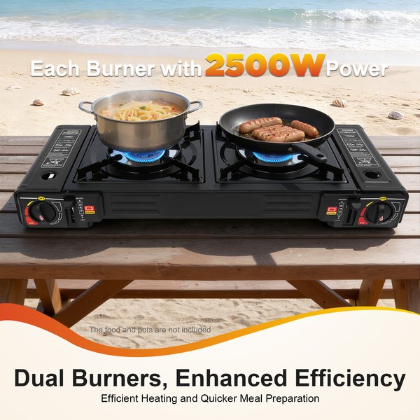 2500W Tragbarer Campingkocher mit 2 Brennern, Backblech & Transportkoffer, für Butan oder LPG, für den Heimgebrauch und Outdoor