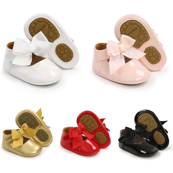 Newborn Baby Shoes Baby Boy Girl Shoes Girl Classic Bowknot Rubber Sole Anti-slip PU Dress Shoes First Walker Toddler Crib Shoes