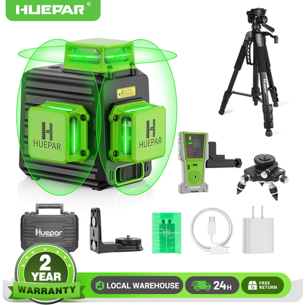 Huepar Laser Level 12 Linien 3D Green Lines Horizontale vertikale Kreuzlinien 360 ° Automatisch selbstnivellierende Laserwerkzeuge mit Hartschalenkoffer