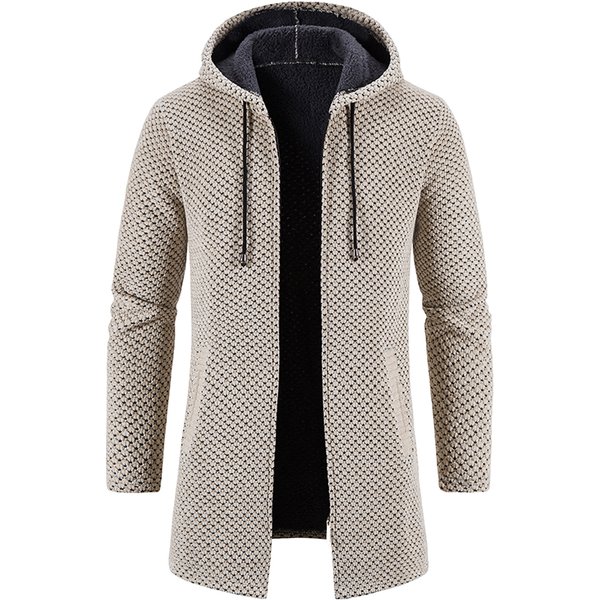 Men's Winter Trench Coat Long Knit Sweater Jacket Fleece Warm Hoodies Beige Business Casual Cardigan Zipper Jumper Overcoat