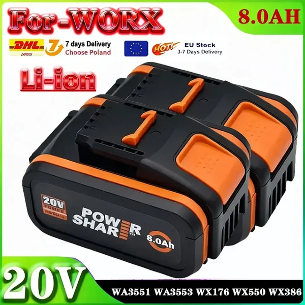 WA3553 20V 8000mAh Li-Ion Akku-Ersatzbatterie für Worx Elektrowerkzeuge WA3551 WX390 WX176 WX178 WX550 WX386 WX678 WG894E