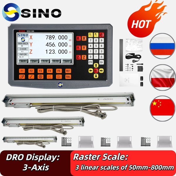 SINO 3-Achsen-LCD-DRO-Digitalanzeigekit mit 3 oder 2 DRO-Linearskala, Gitterglaslineal zum Fräsen von Drehmaschinen, SDS2-3VA