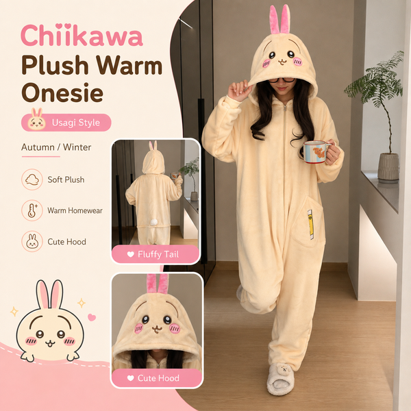 Combinaison en peluche Chiikawa Usagi, en polaire épaisse, vêtement de nuit chaud pour l'hiver et l'automne, tenue de cosplay, costume pour fête à thème Halloween, cadeau.
