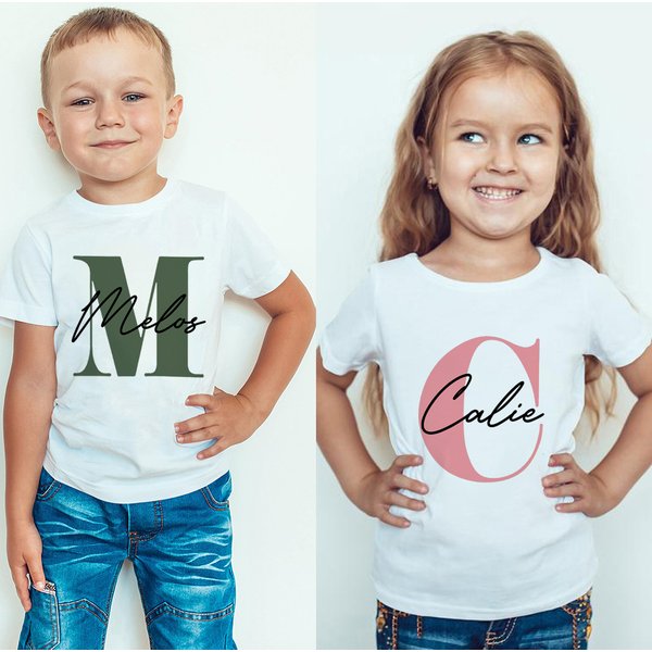 T-shirt personnalisé avec nom initial pour enfants, haut pour enfants, T-shirts personnalisés pour garçons et filles, cadeau d'anniversaire