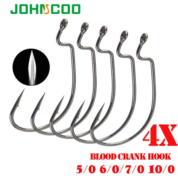 JOHNCOO 10 pièces 4X crochet de pêche au sang en acier au carbone large manivelle crochet décalé hameçon doux ver barbelé hameçons de pêche à la carpe