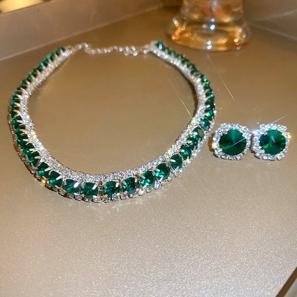 Ensembles de boucles d'oreilles en cristal vert pour femmes, collier de luxe, accessoires de bijoux de mariée, mariages