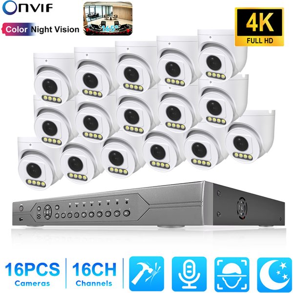 16-Kanal 8MP PoE NVR-Kit 1,7 mm Panorama-Weitwinkel-Fisheye-CCTV-System Außenkamera mit bidirektionalem Audio AI P2P Komplettset